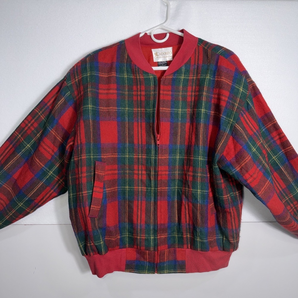 Vintage Tartan Plaid Bomber Jacket‎ Large Adolfo Royalty 70% Wool Outer She'll